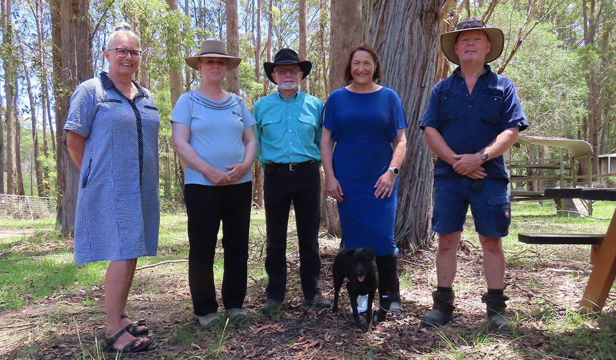 Joslyn van der Moolen (Coastwatchers Association), Meg Clery (Forestry Corporation NSW), Keith Joliffe (Coastwatchers Association), Fiona Phillips MP, John McGrath (landowner, Higgins Creek Farm)