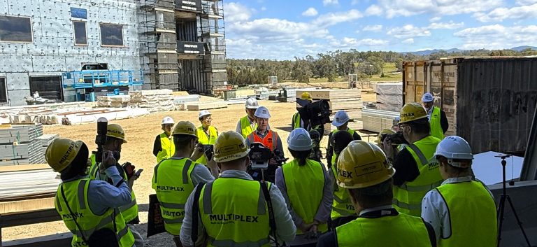 Permier Minns in Moruya for the topping out of the Eurobodalla Regional Hospital build.